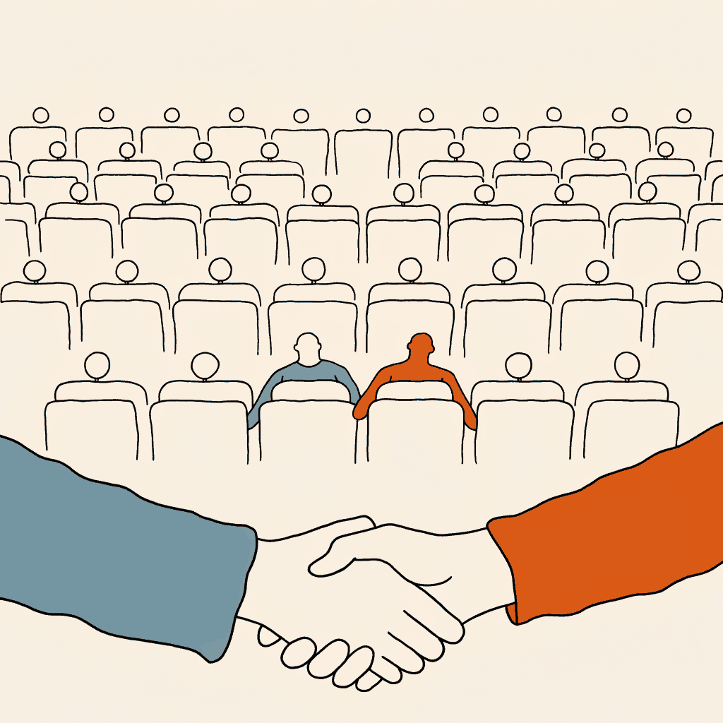 A cropped print of a handshake laid on a wide photograph of the same row, every seat still filled