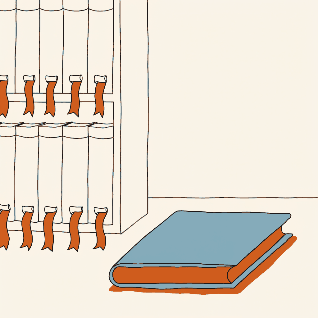 A briefing folder closed without a note beside a shelf of dusty statute books, each holding an old ribbon