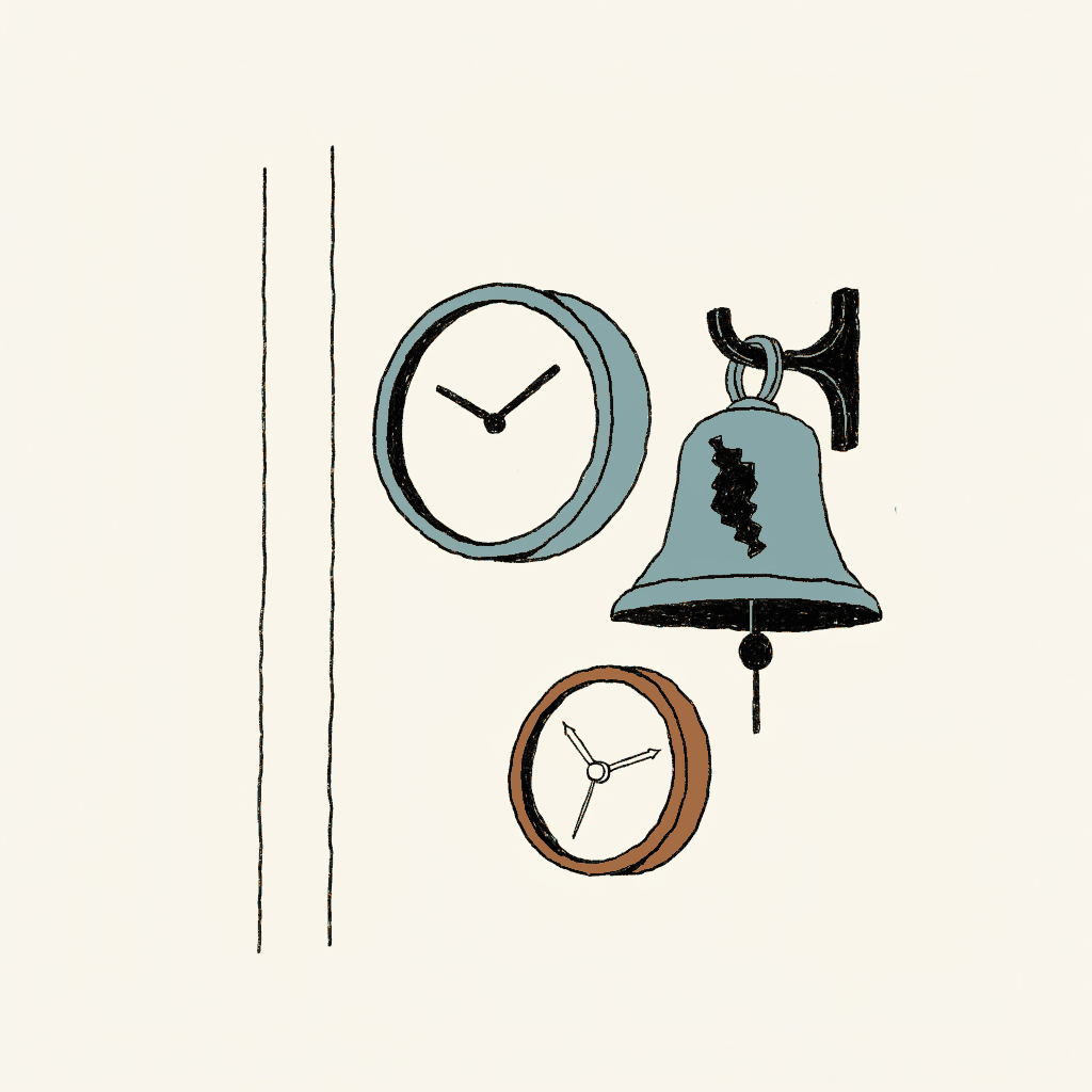 A ship's bell with a fresh dent in it hung beside two clocks on a wall that no longer agree