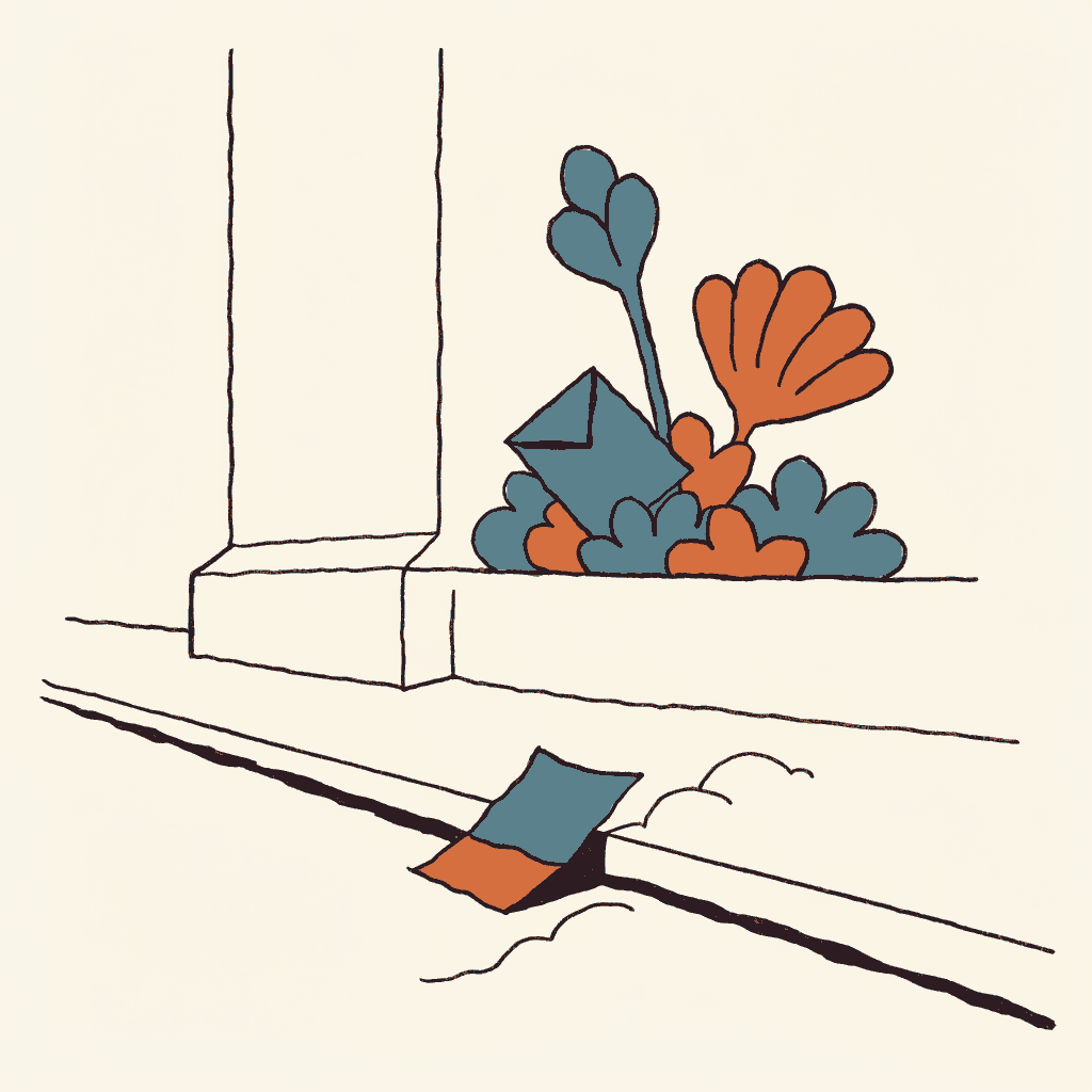 A sealed letter propped among memorial flowers at a wall, a folded campaign leaflet blown into the gutter below