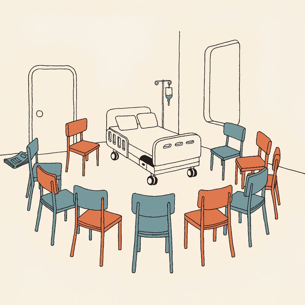 Eleven chairs turned toward a hospital bed and one turned away, a folded newspaper pushed under the door