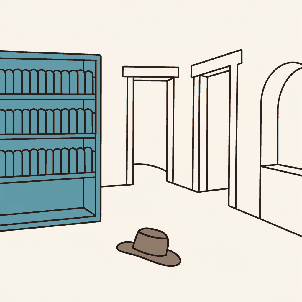 One empty slot on a library shelf and one dropped hat on the floor of an otherwise silent hall