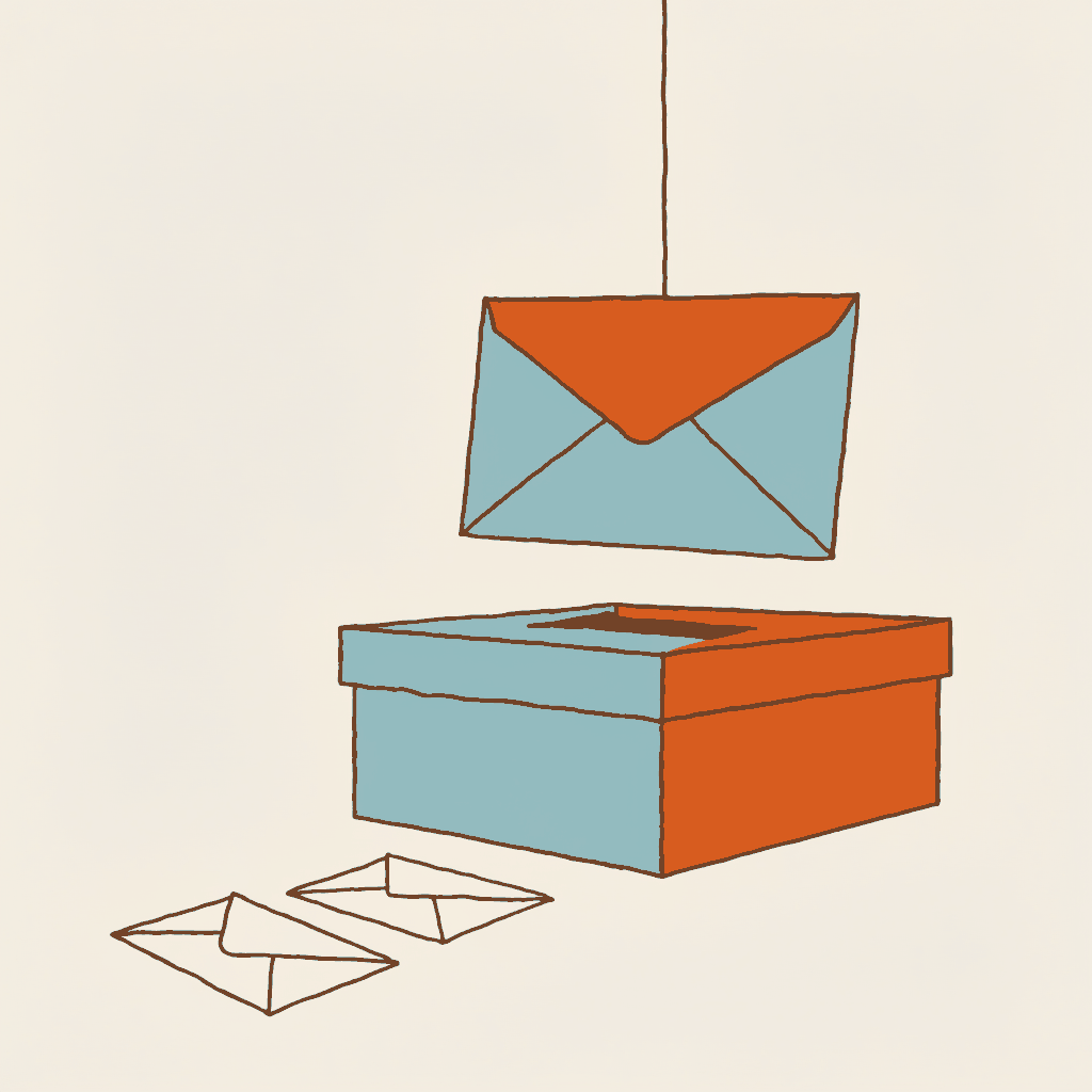 A large sealed envelope hung on a string above a ballot box, two older envelopes lying empty beneath