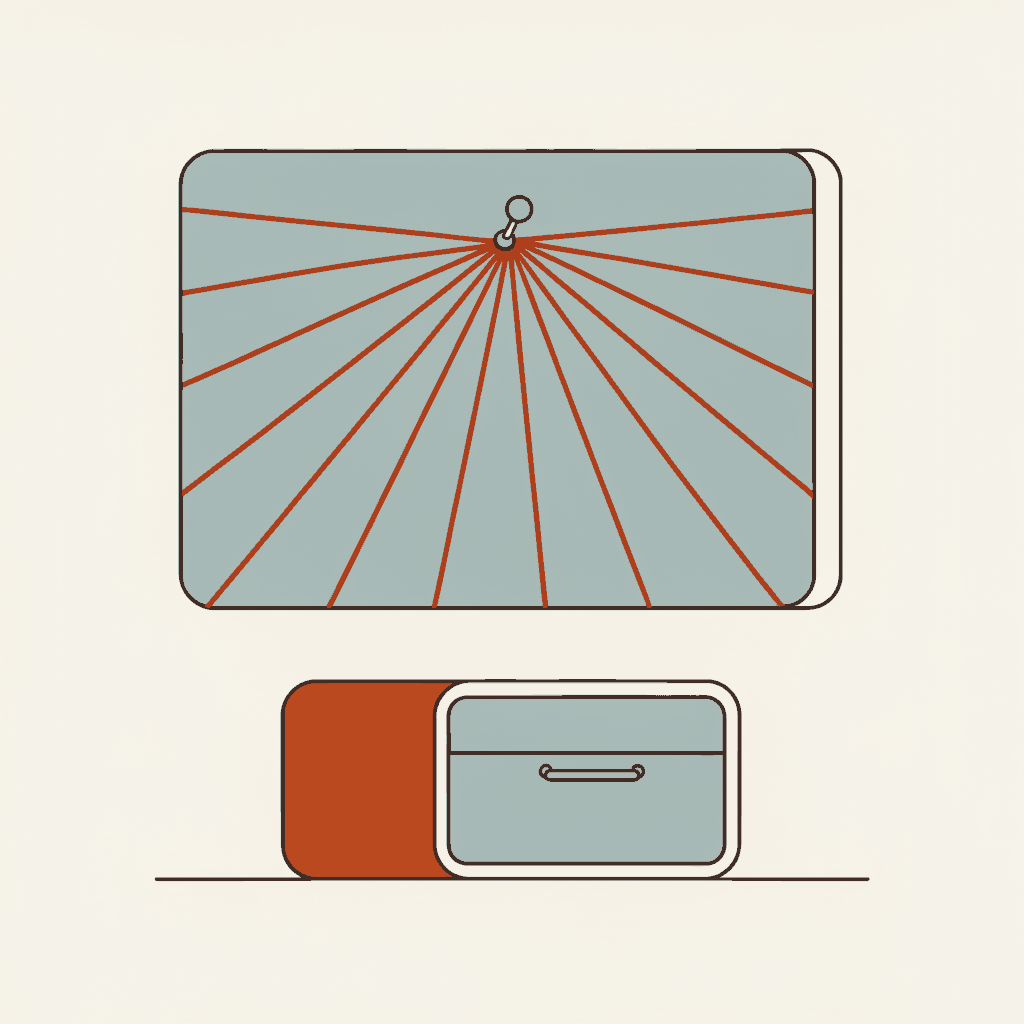 A wall chart of red string converging on one bare pin above an empty filing drawer