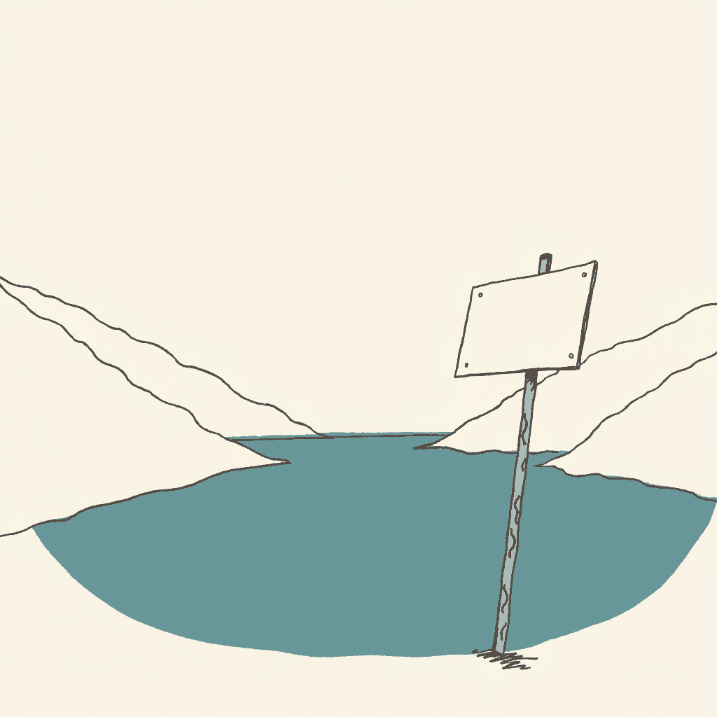 A green valley under a clear sky with one blank placard staked at its edge on a rusted post