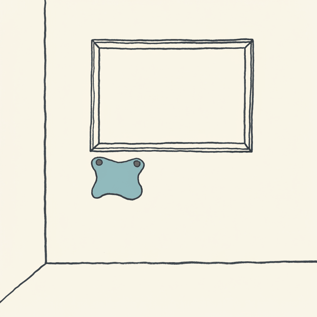 An empty picture frame on a bare wall with one label pinned beneath it and nothing else in the room