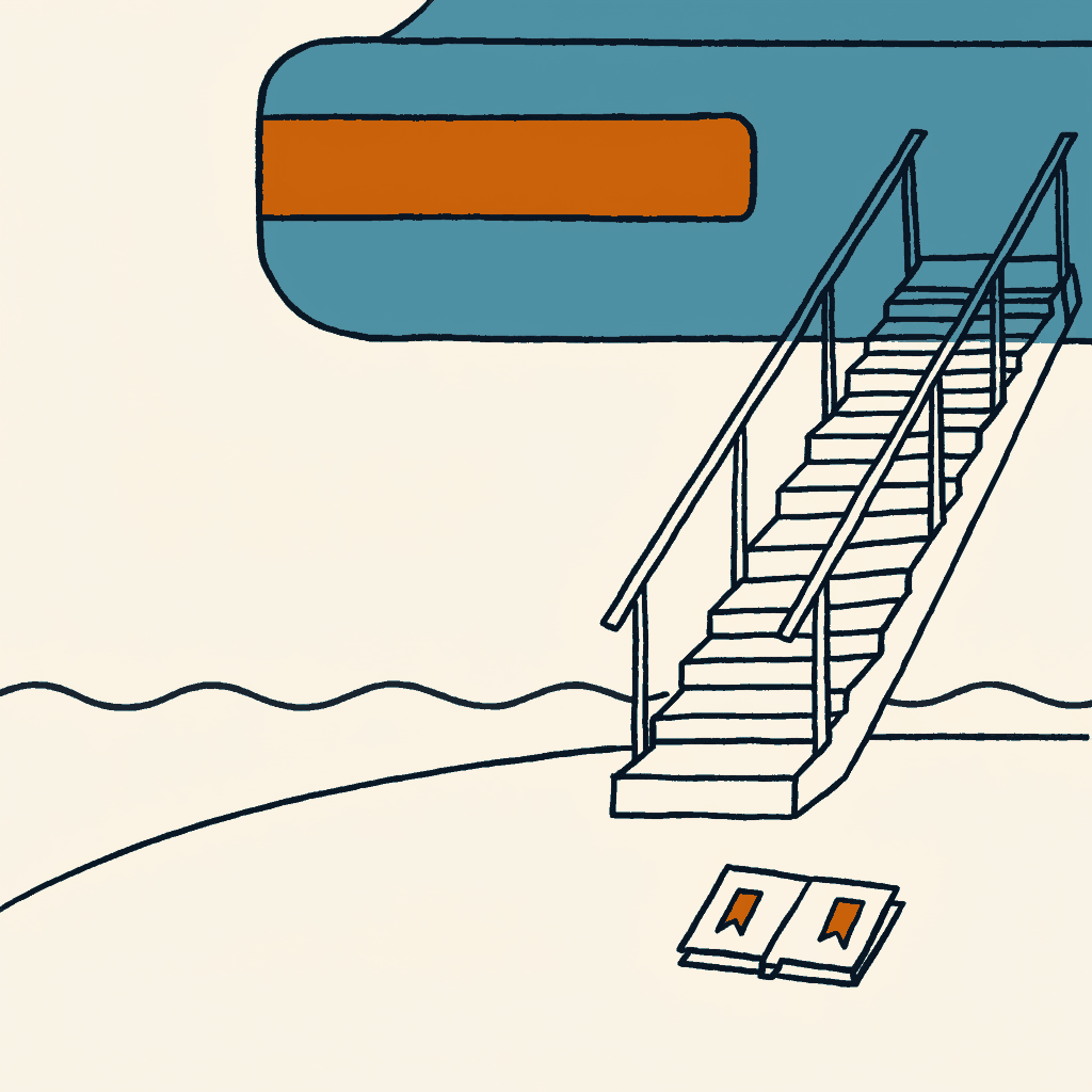 A ferry gangway lowered for the return crossing, an opened folder on the quay with a bookmark in each half
