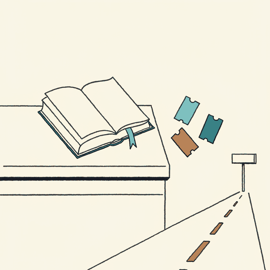 An open statute book with one page ribboned on a station counter, three ticket stubs beside it, the road open