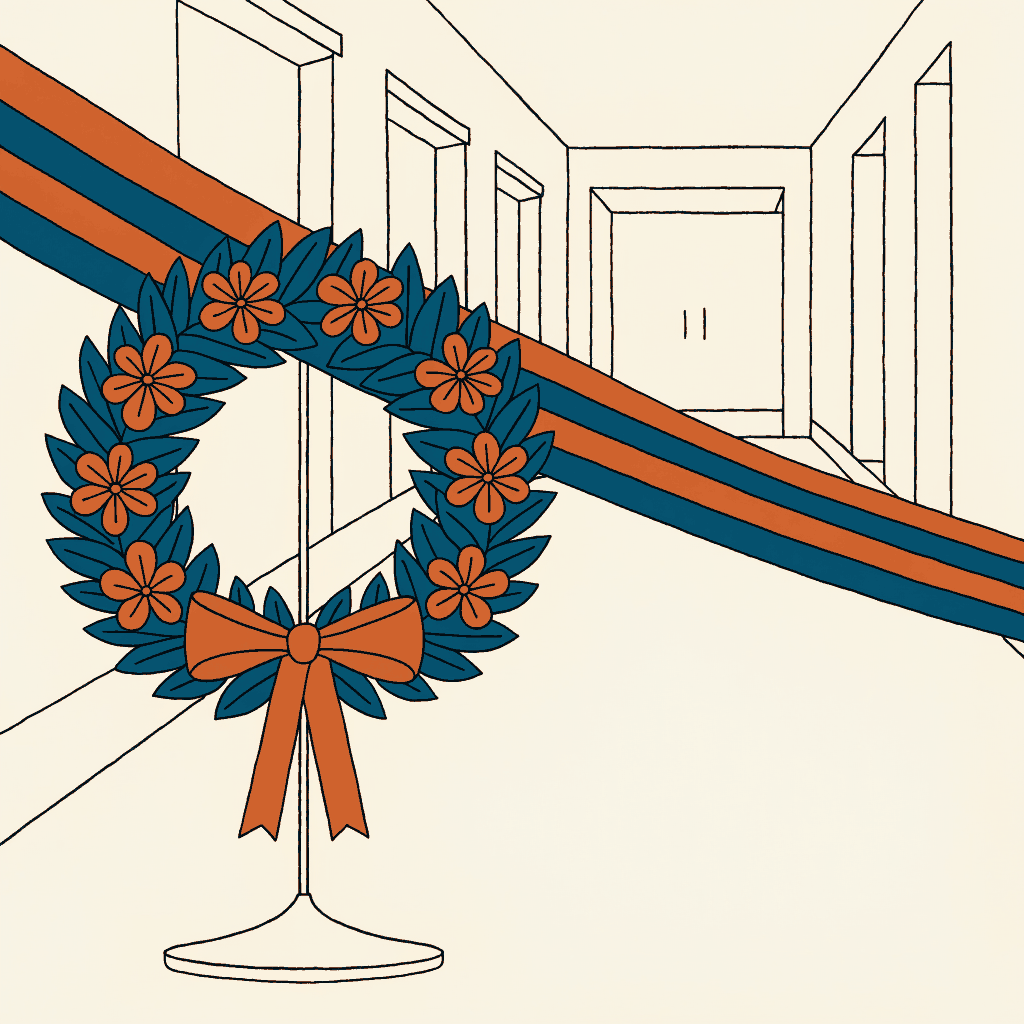 A memorial wreath on a stand with a finish-line ribbon stretched across the empty city hall corridor behind it