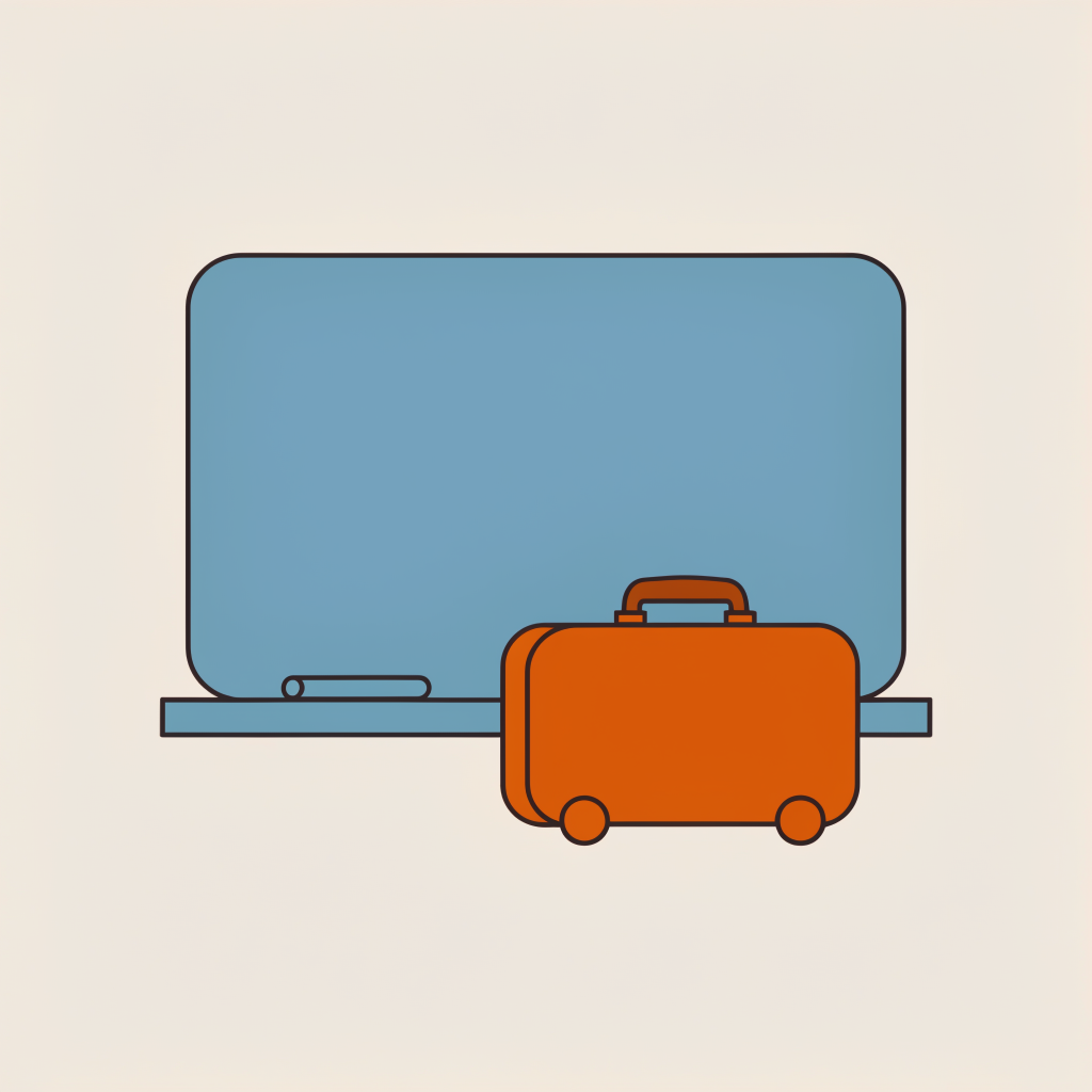 A chalkboard tally with no marks on it, a suitcase set beneath and a single chalk stick on the ledge