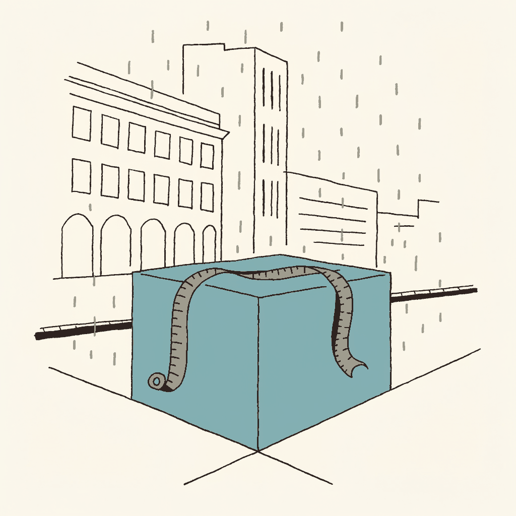 An empty stone plinth in a rainy city square with a tailor's tape measure draped across its top