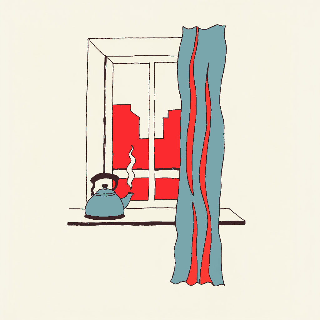 A kettle on the boil by a window whose view of a calm street has been painted over in red