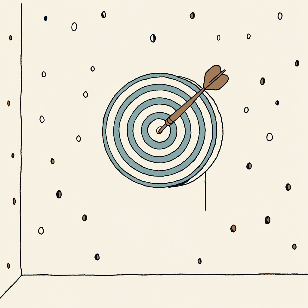 A dartboard with a single dart in it and the whole wall behind it pocked with holes
