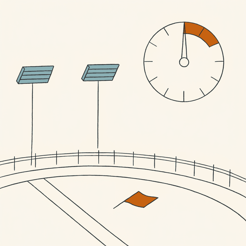 An empty floodlit pitch with one small flag dropped on the grass and a thermostat dial cranked to maximum
