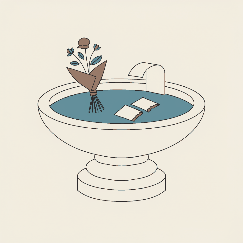 A memorial fountain with a single bouquet laid at its rim and a sympathy card torn in two beside it