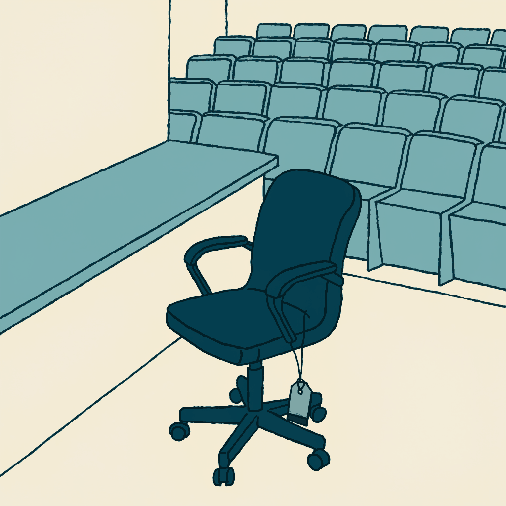 A leather office chair in a legislative chamber with an airline luggage tag tied to one arm