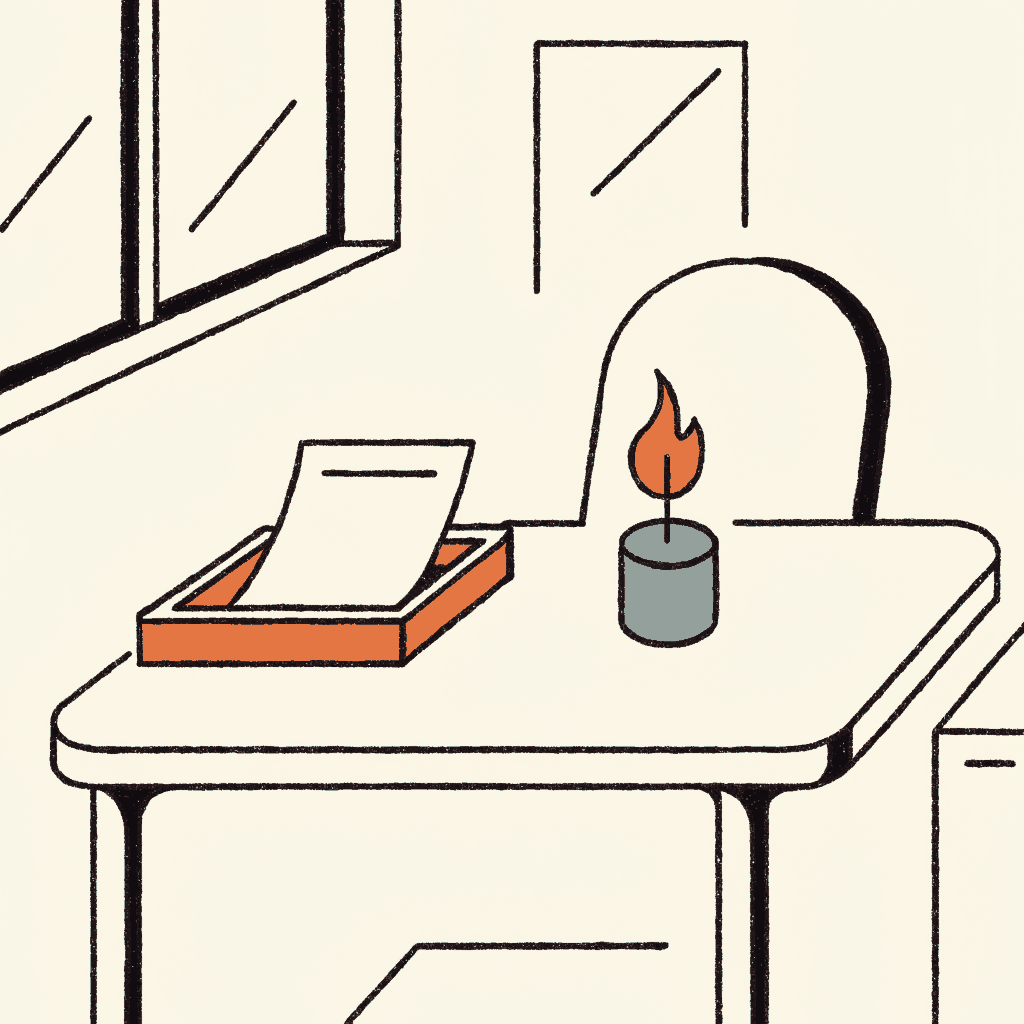 A memorial candle burning on a city hall desk beside a blank charge sheet in the in-tray