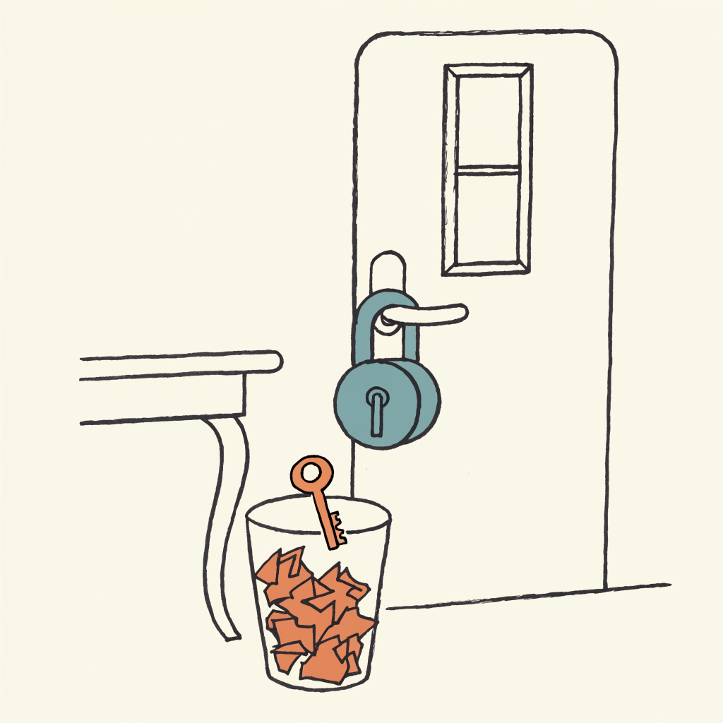 A heavy padlock closed on a campaign office door with its key dropped into the wastepaper basket outside
