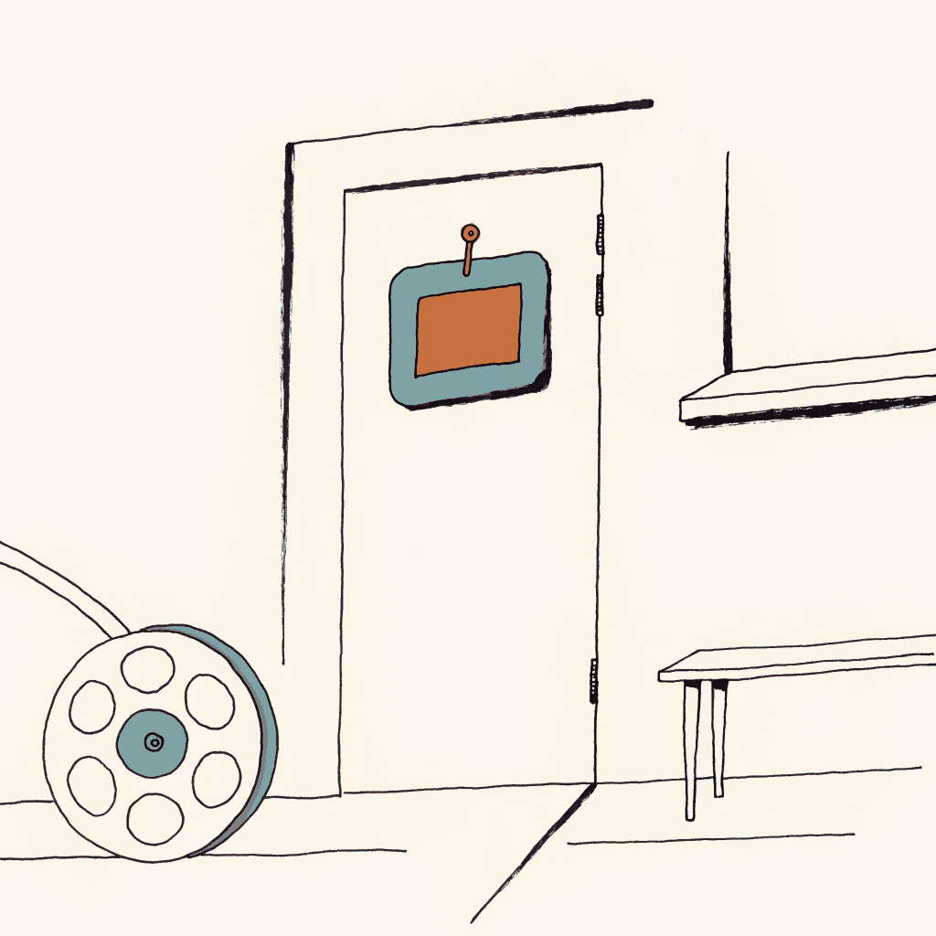 A single frame of film cut from a reel and pinned over the door of a city council chamber