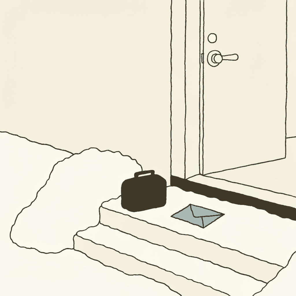 A snowy suburban front step with a school lunchbox and a sealed tax envelope, the doormat pulled indoors