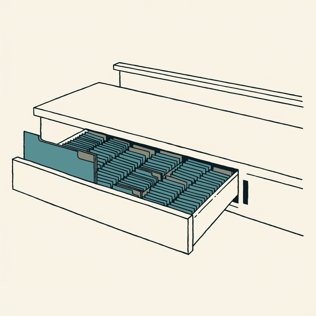 An open drawer of countless identical folders on a courtroom bench, one more folder half slid in