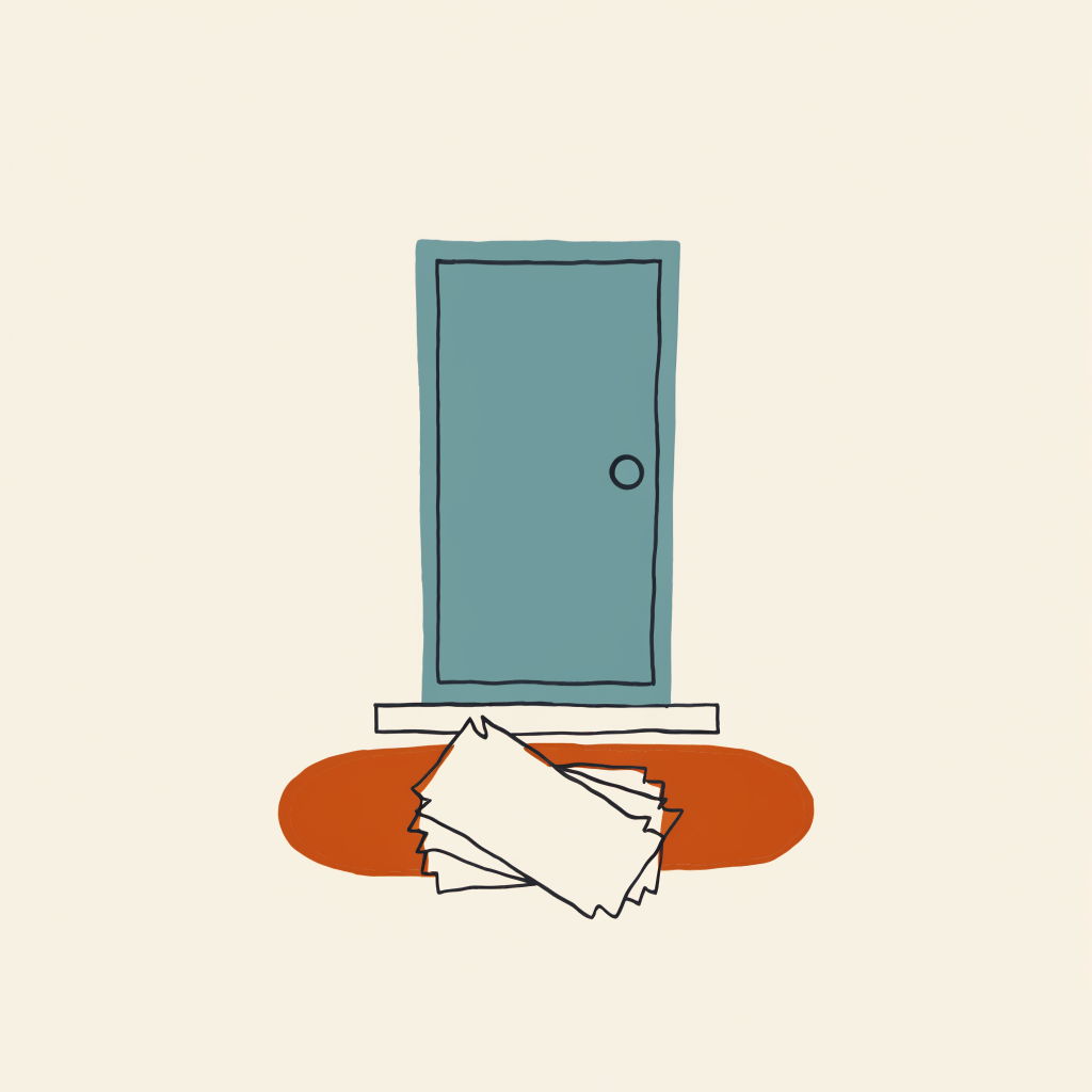 A stack of one-way train tickets left on a doormat in front of a closed front door