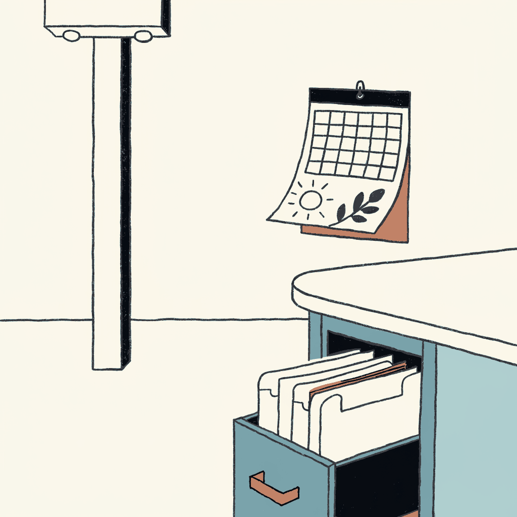 An open filing drawer in a public lobby beside a wall calendar left on a spring page