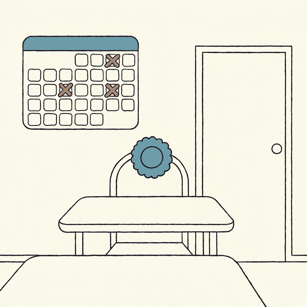 A faded rosette pinned to an empty chair in a hearing room, four days crossed off on the wall calendar