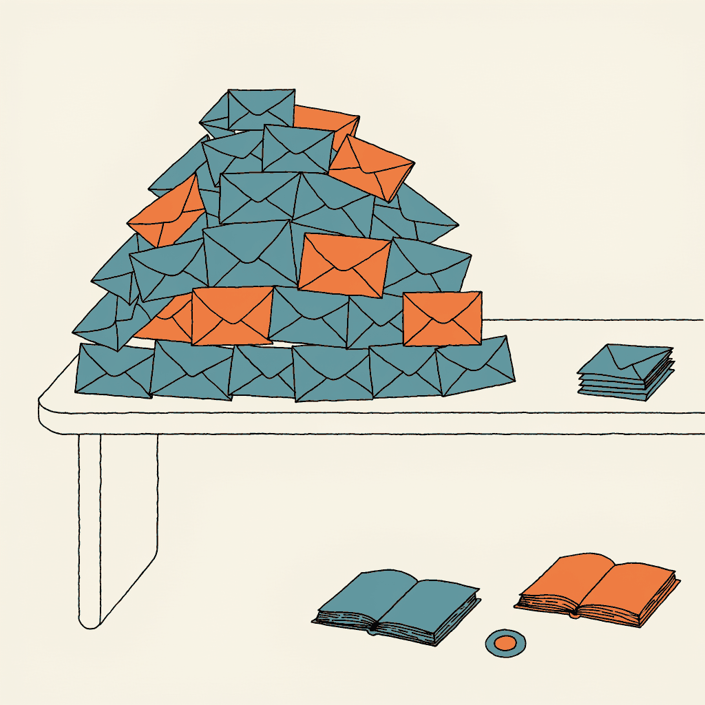 A mountain of envelopes on a counter with a tiny stack set apart, the same stamp lying between two ledgers