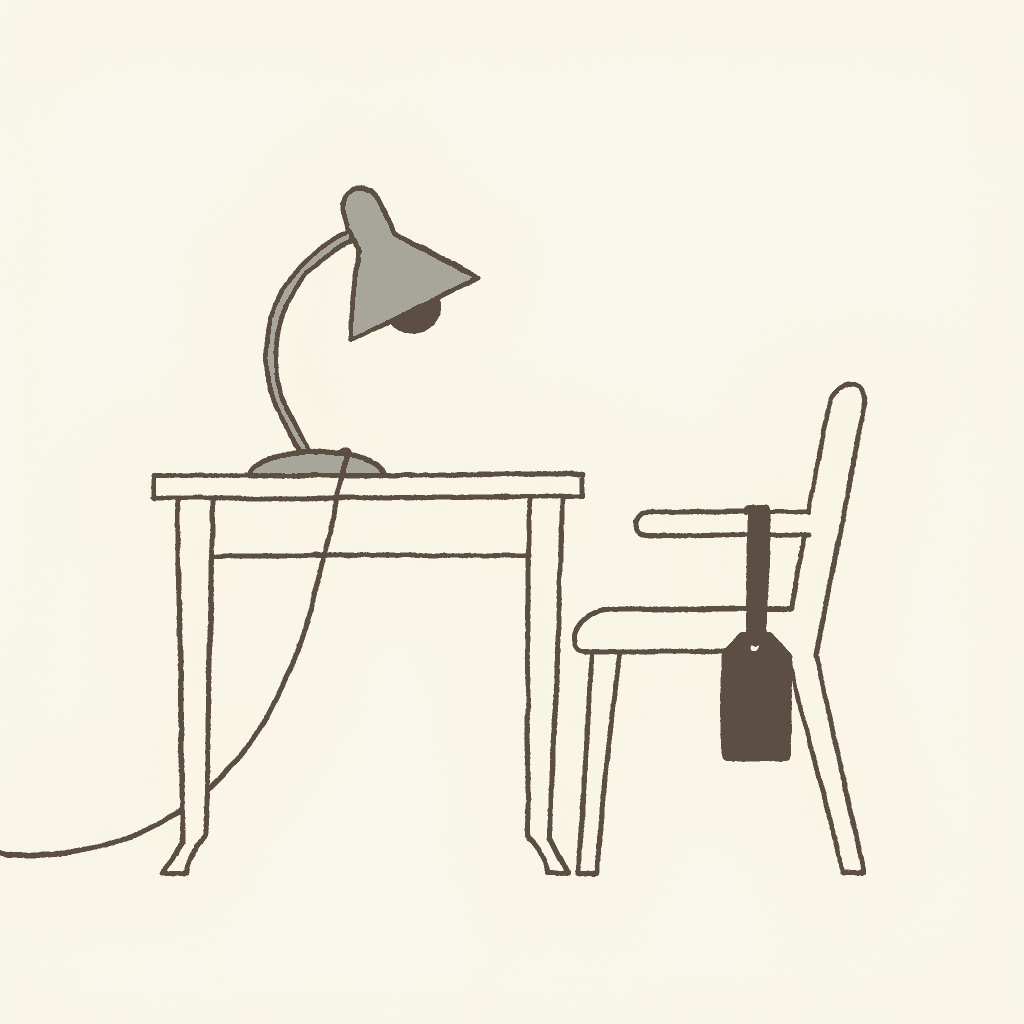 An airport luggage tag tied to the arm of a city hall chair, the desk lamp still on