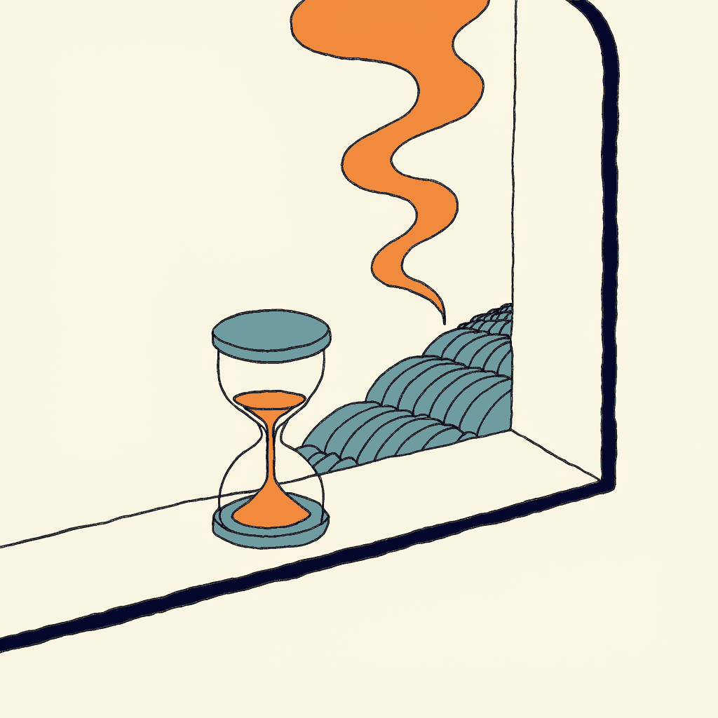 An hourglass run empty on a windowsill, thin smoke rising from a hillside of tin roofs beyond