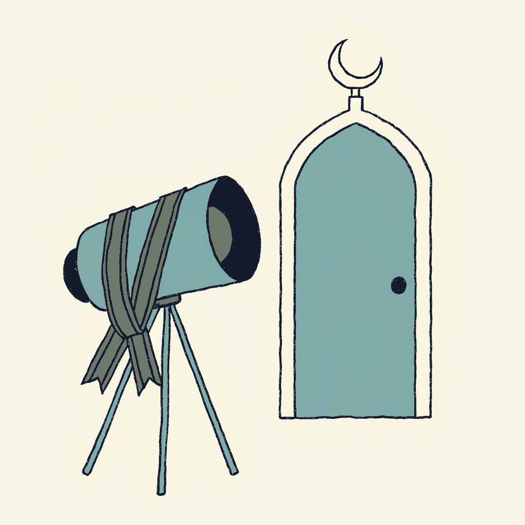 A loudspeaker on a tripod pointed at a closed mosque door, a medal ribbon draped over it