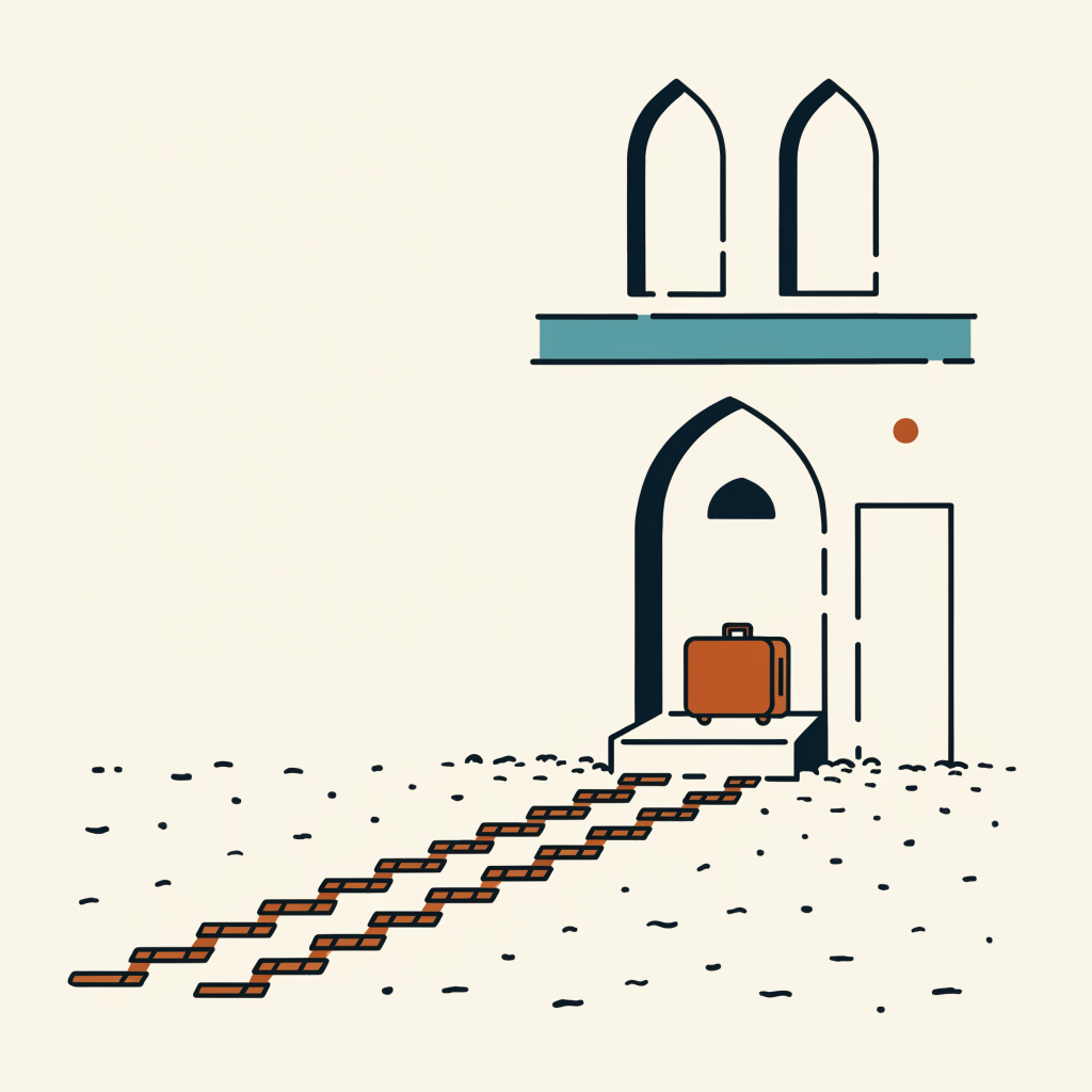 A suitcase set on a mosque doorstep beside a row of motorcycle tyre tracks in the gravel