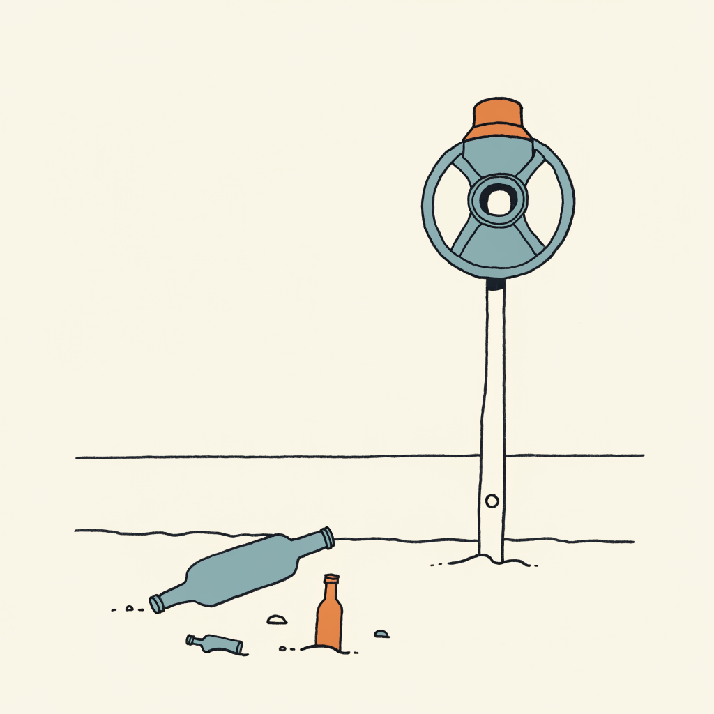 A few empty bottles on a beach with a full-size hazard siren mounted on a post above them