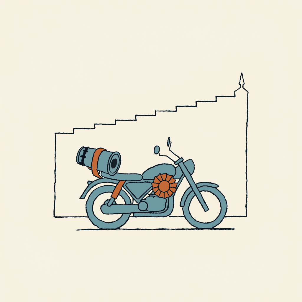 A loudspeaker strapped to a parked motorcycle facing a mosque wall, a prize rosette pinned to the saddle