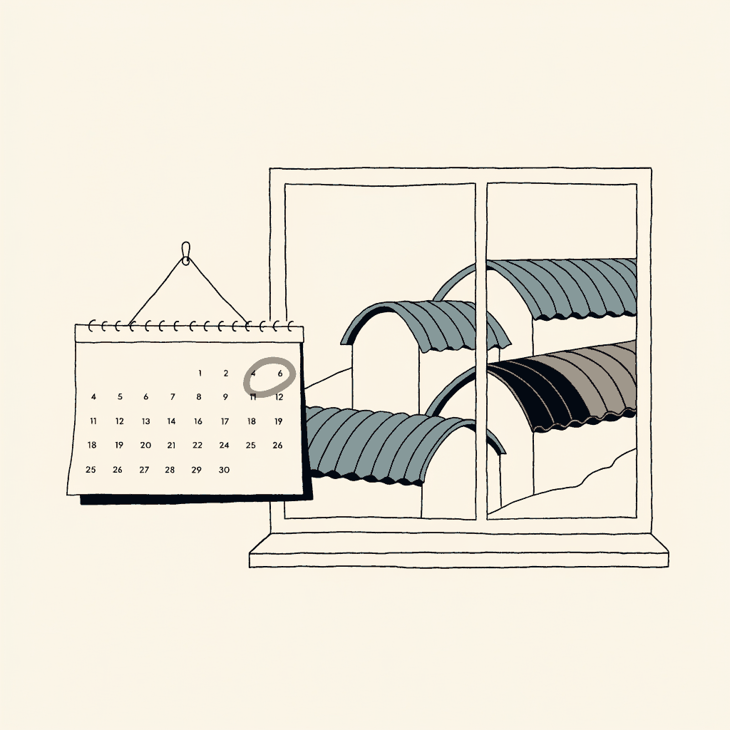 A wall calendar with one date ringed long in advance, tin roofs of a hillside settlement seen through the window