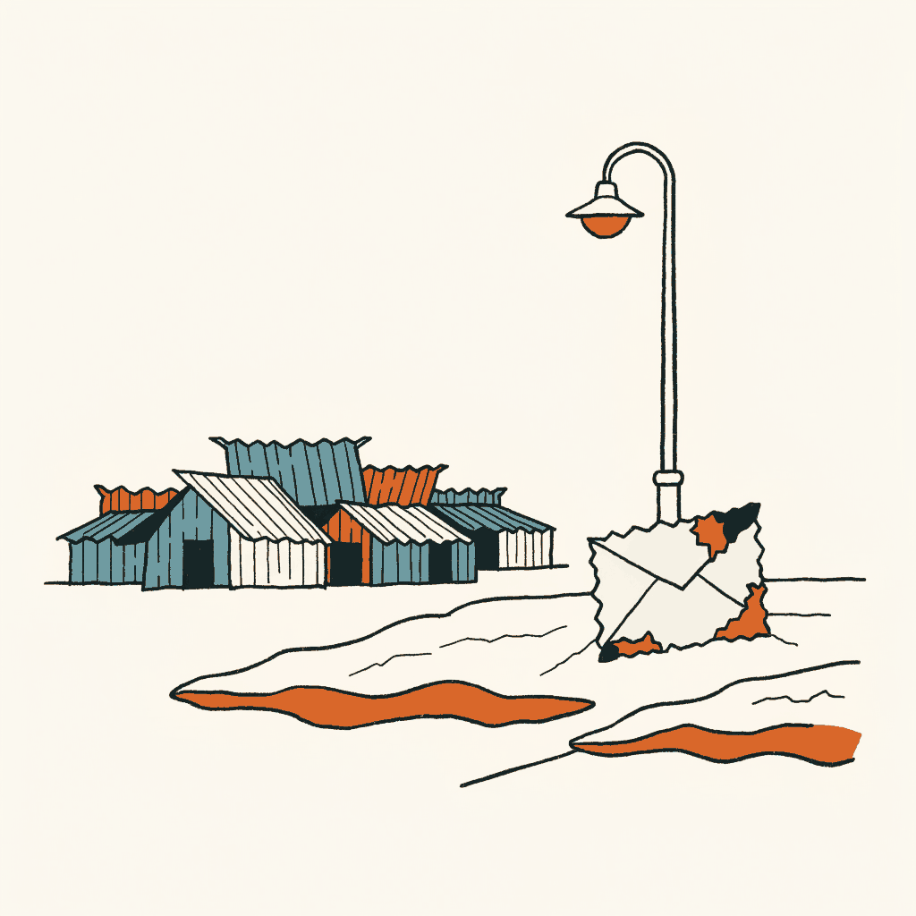 A scorched envelope propped against a lamppost at the edge of a settlement of tin shelters