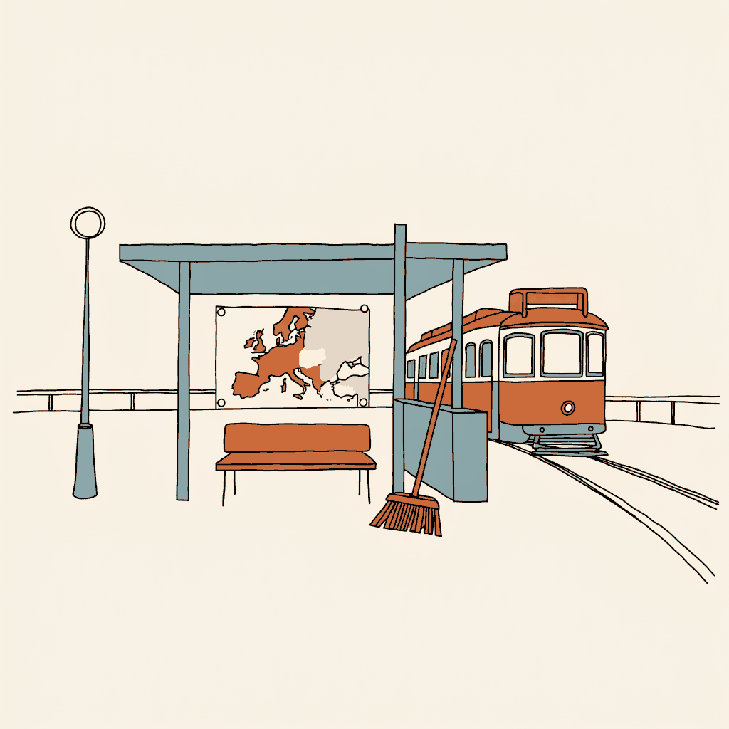 A street sweeper's broom propped against a Lisbon tram stop with a map of Europe pinned to the shelter