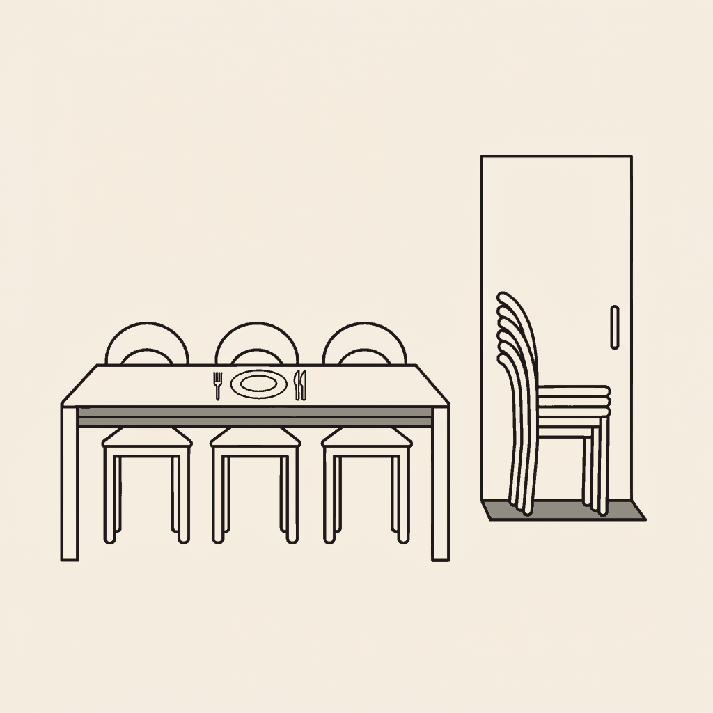 A long dining table set for one, every other chair removed and stacked outside the door