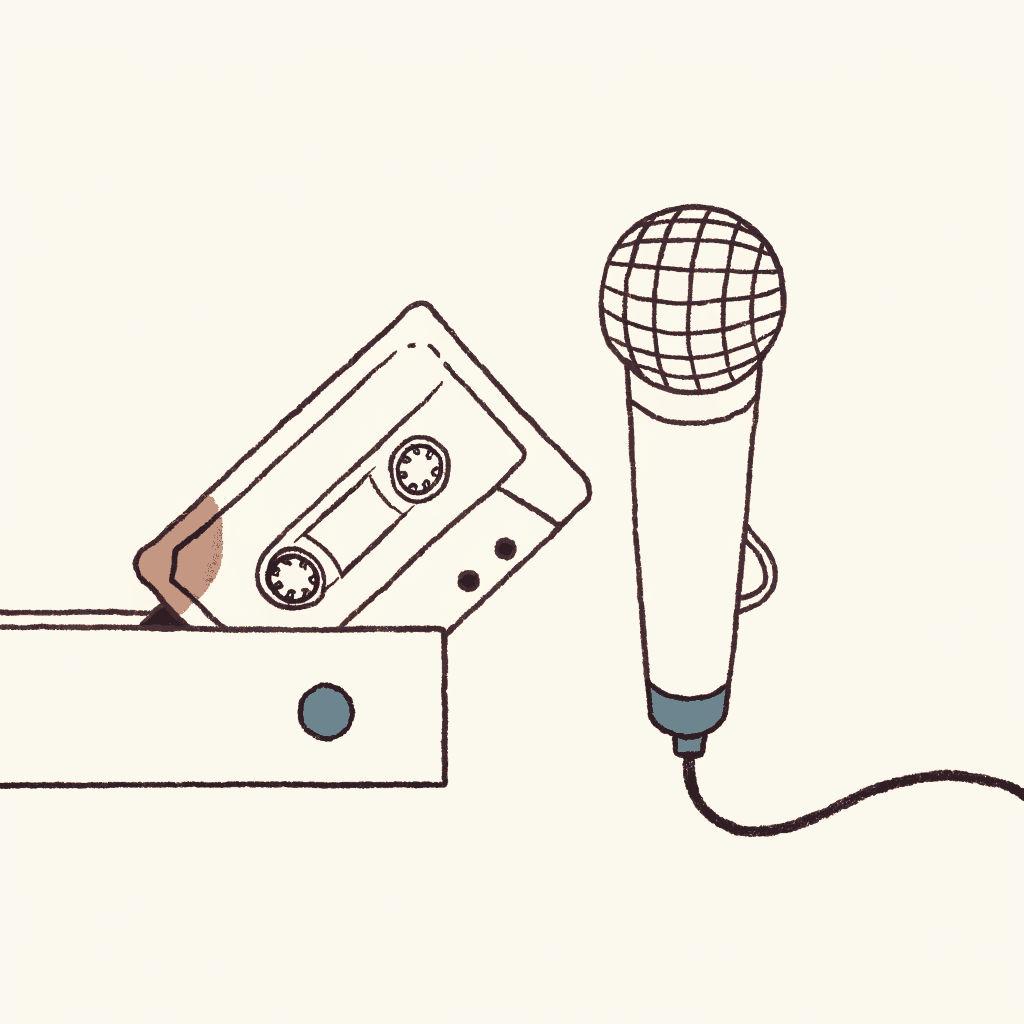 An old audio cassette pulled from a drawer and set beside a fresh microphone, its label peeled away