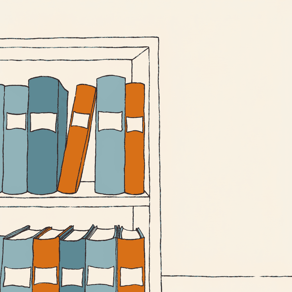 A bookshop shelf of old prayer books, a single new blank spine label stuck over every one of them