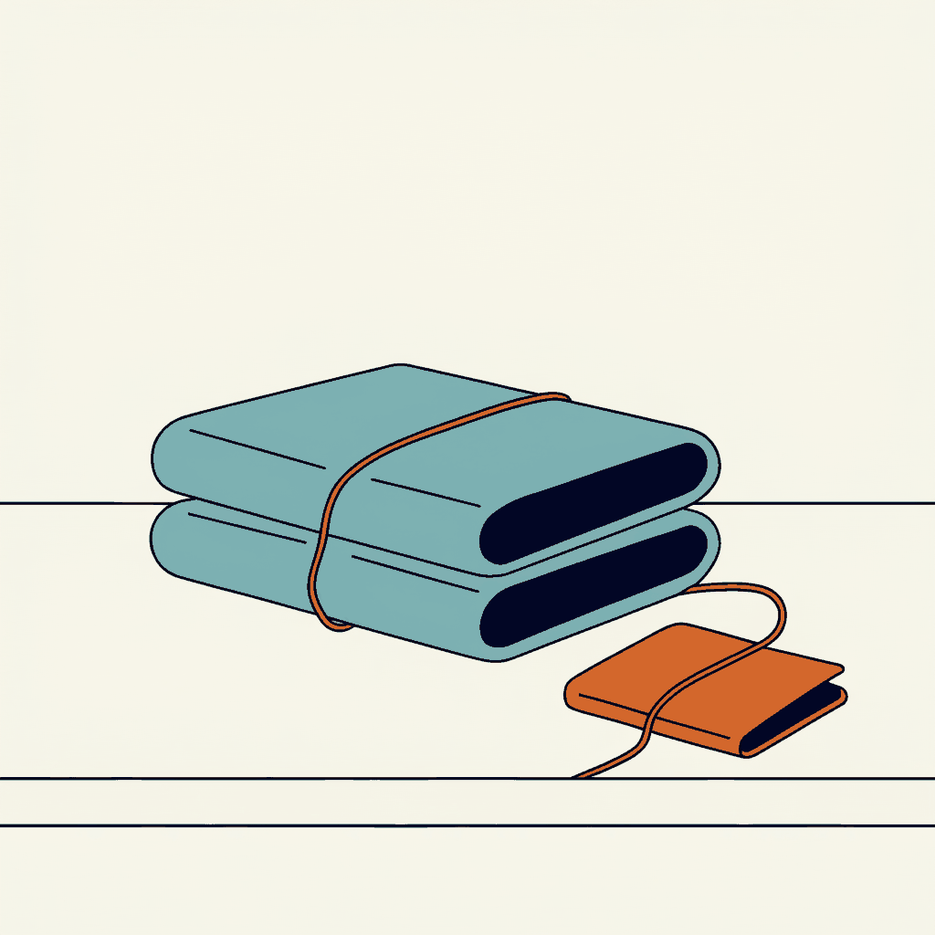 Two case files stacked on a desk, both tied with the same string to one passport