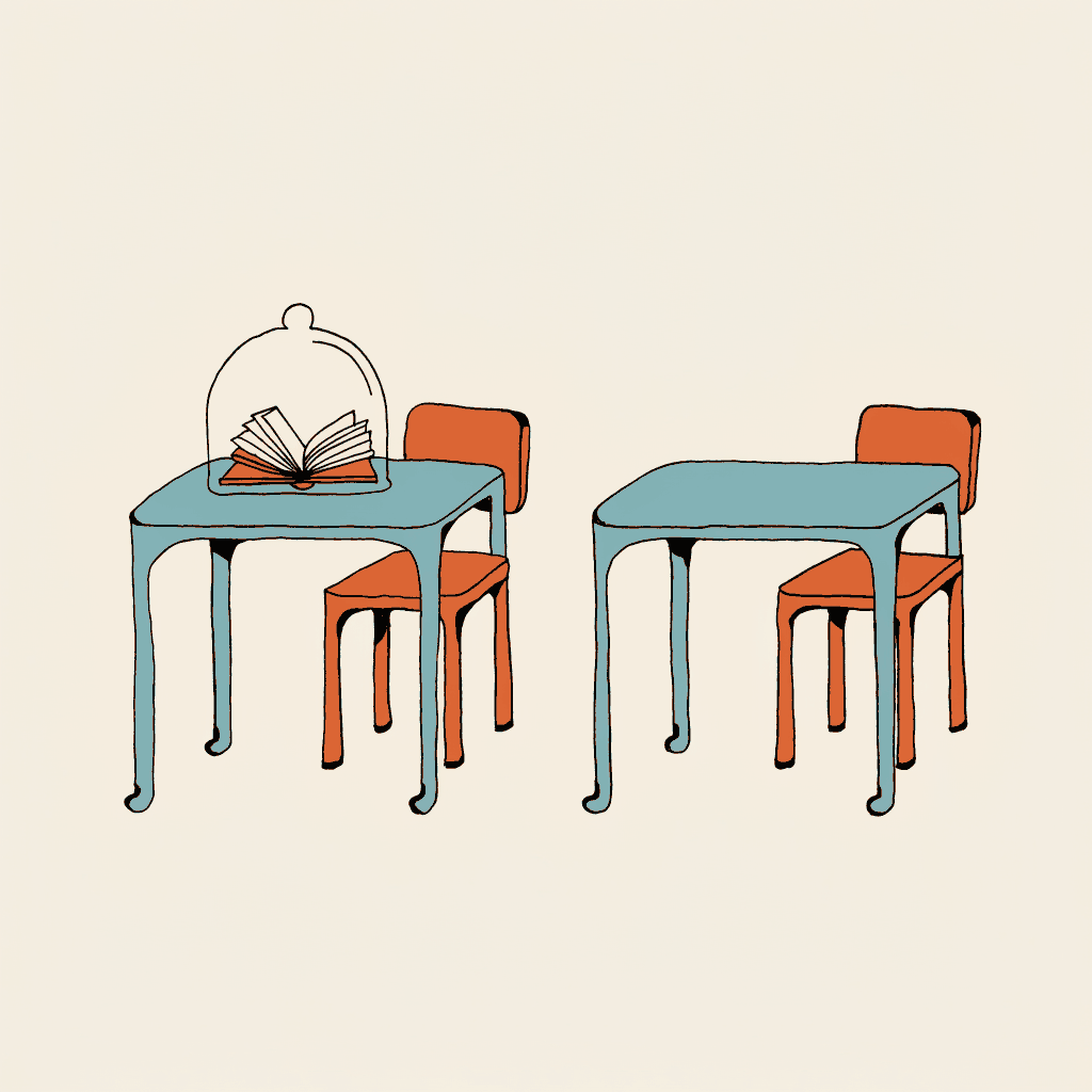An account book open under glass, and a chair shoved from the table then pulled back up to it