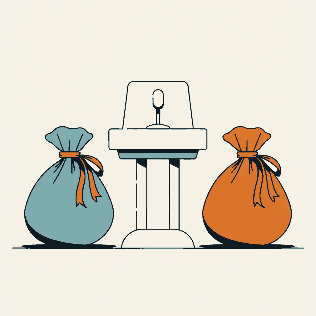 Two coin sacks set on either side of a capitol lectern, both tied off with the same colour of ribbon